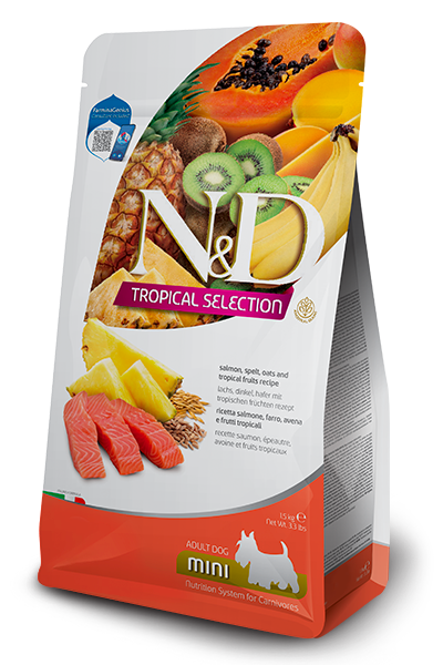 FARMINA N&D TROPICALS - SALMON, SPELT, OATS AND TROPICAL FRUITS ADULT MINI