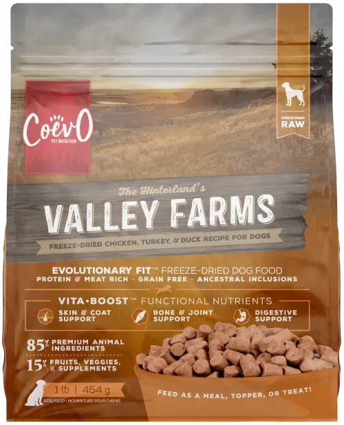 COEVO™ THE HINTERLANDS VALLEY FARMS FREEZE DRIED RAW FOOD FOR DOGS - CHICKEN, TURKEY AND DUCK RECIPE