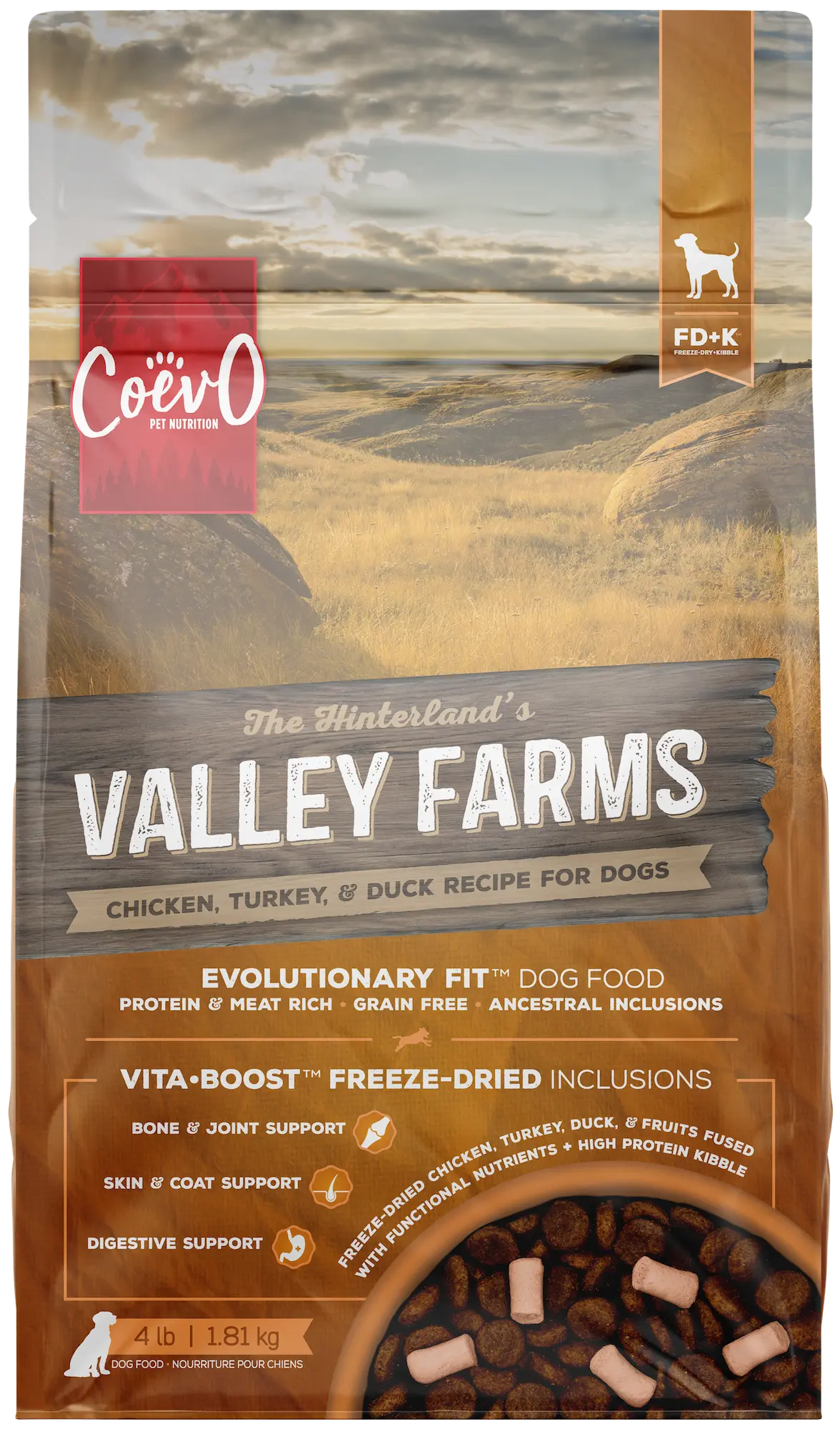 COEVO™ THE HINTERLANDS VALLEY FARMS FD+K™ FREEZE DRIED + KIBBLE FOOD FOR DOGS - CHICKEN, TURKEY AND DUCK RECIPE