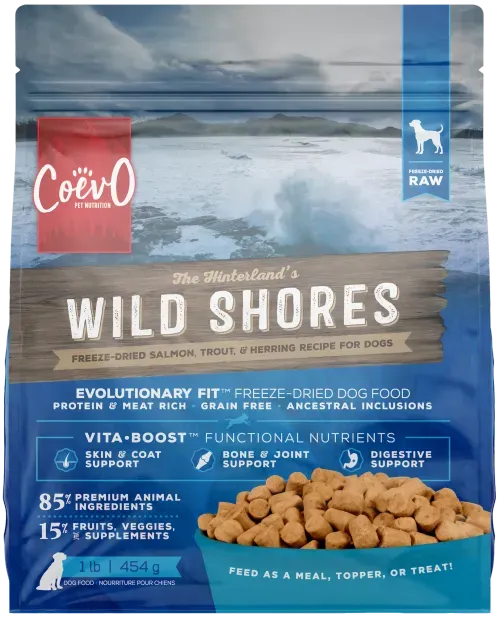 COEVO™ THE HINTERLANDS WILD SHORES FREEZE DRIED RAW FOOD FOR DOGS - SALMON, TROUT AND HERRING RECIPE