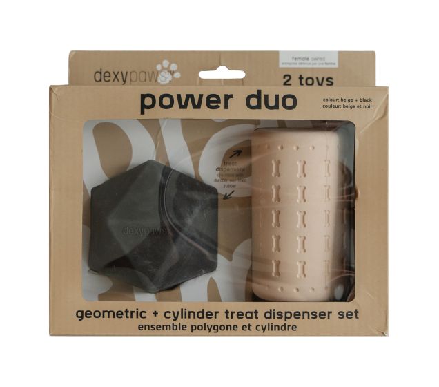 Dexypaws 2 Piece Aggressive Power Duo Geometric and Cylinder Treat Dispencer Set Beige and Black Dog