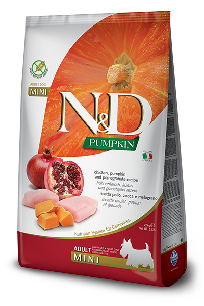 FARMINA N&D PUMPKIN GRAIN FREE - CHICKEN AND POMEGRANATE ADULT- MINI BREED