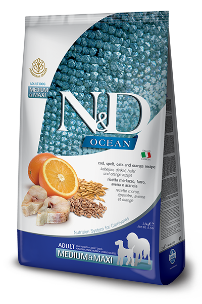 FARMINA N&D OCEAN - COD, SPELT, OATS & ORANGE ADULT MEDIUM & MAXI BREED