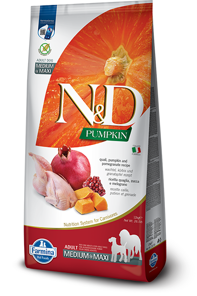 FARMINA N&D PUMPKIN GRAIN FREE - QUAIL & POMEGRANATE ADULT - MEDIUM & MAXI BREEDS