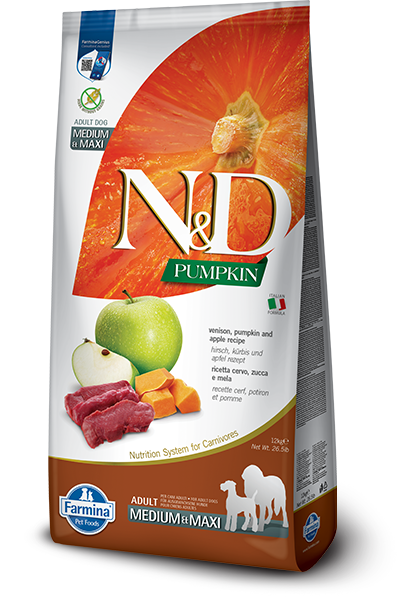 FARMINA N&D PUMPKIN GRAIN FREE - VENISON & APPLE ADULT - MEDIUM & MAXI BREEDS
