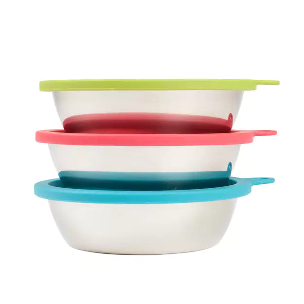 MESSY MUTTS 6 PC SET - 3 STAINLESS BOWLS & LIDS (BLUE, GREEN & WATERMELON) MED