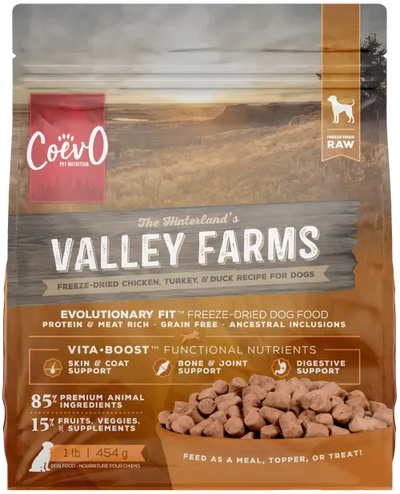 COEVO™ THE HINTERLANDS VALLEY FARMS FREEZE DRIED RAW FOOD FOR DOGS - CHICKEN, TURKEY AND DUCK RECIPE