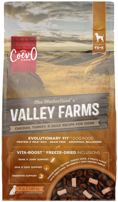COEVO™ THE HINTERLANDS VALLEY FARMS FD+K™ FREEZE DRIED + KIBBLE FOOD FOR DOGS - CHICKEN, TURKEY AND DUCK RECIPE