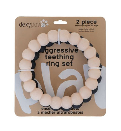 Dexypaws 2 Piece Aggressive Teething Ring Set, Beige and Black Dog 1pc