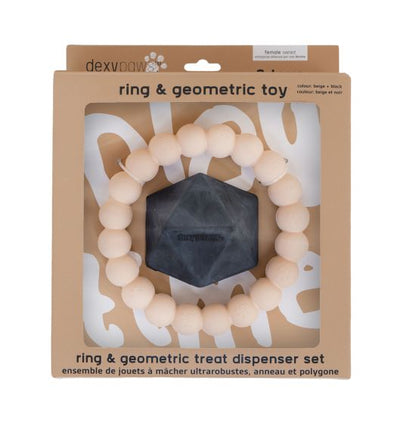 Dexypaws 2 Piece Aggressive Ring and Geometric Treat Dispenser Set, Beige and Black Dog 1pc
