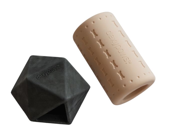 Dexypaws 2 Piece Aggressive Power Duo Geometric and Cylinder Treat Dispencer Set Beige and Black Dog