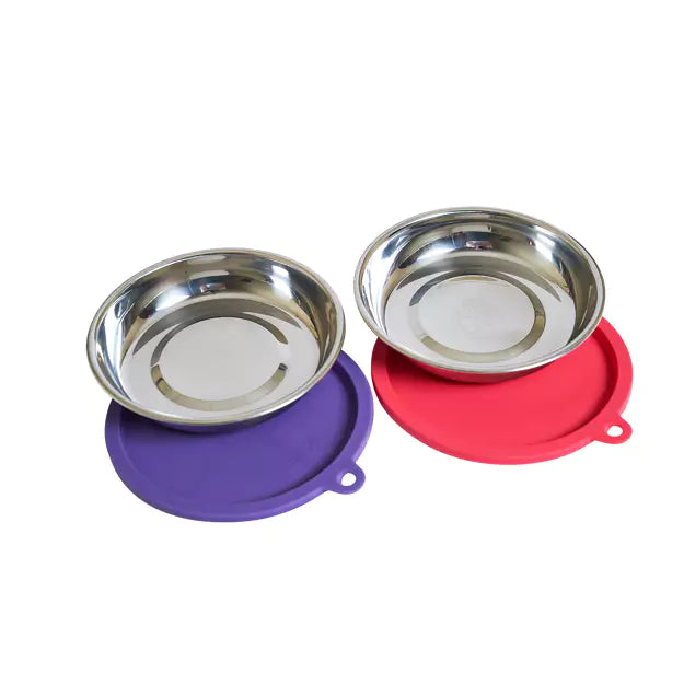 MESSY MUTTS CATS 4PC SET - 2 STAINLESS SAUCER BOWLS & LIDS (PURPLE  & WATERMELON)