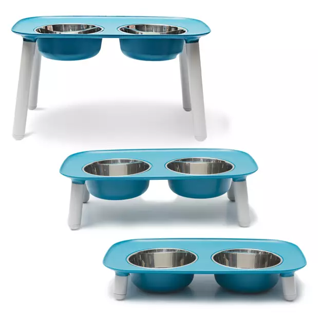 MESSY MUTTS RAISED DBL FEEDER W/STAINLESS STEEL BOWLS 3" to 10", BLUE