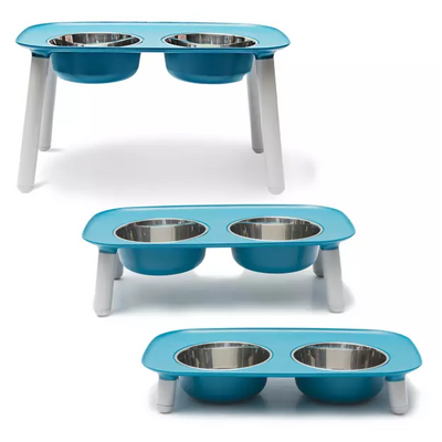 MESSY MUTTS RAISED DBL FEEDER W/STAINLESS STEEL BOWLS 3" to 10", BLUE